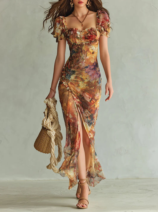 Violette | Robe maxi orange à imprimé peinture à l'huile style bohème