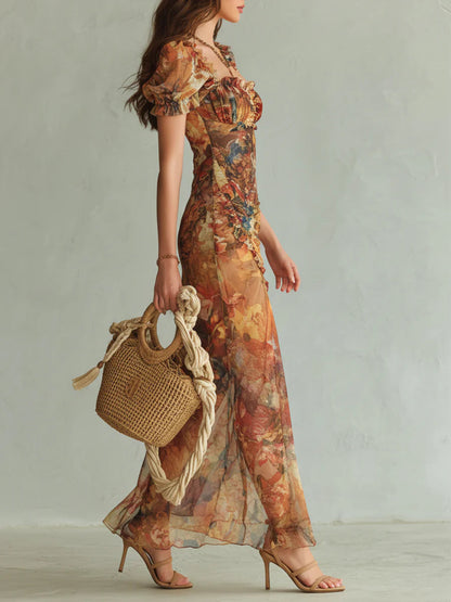 Herminie | Robe Maxi Orange à Imprimé Peinture à l'Huile Style Bohème