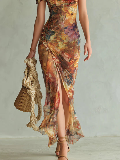 Herminie | Robe Maxi Orange à Imprimé Peinture à l'Huile Style Bohème