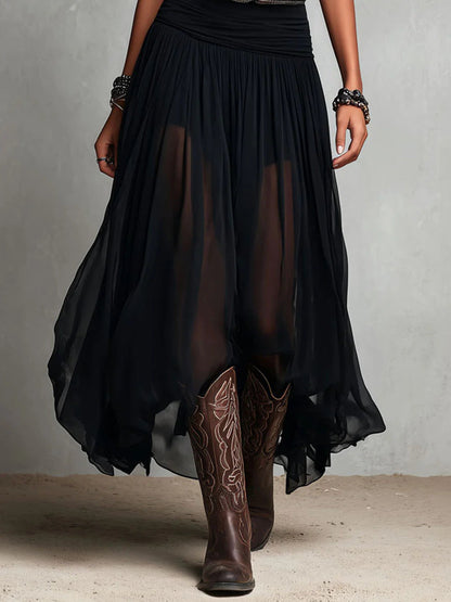 Thaïs | Robe maxi noire sans manches à jupe vaporeuse (avec ceinture)