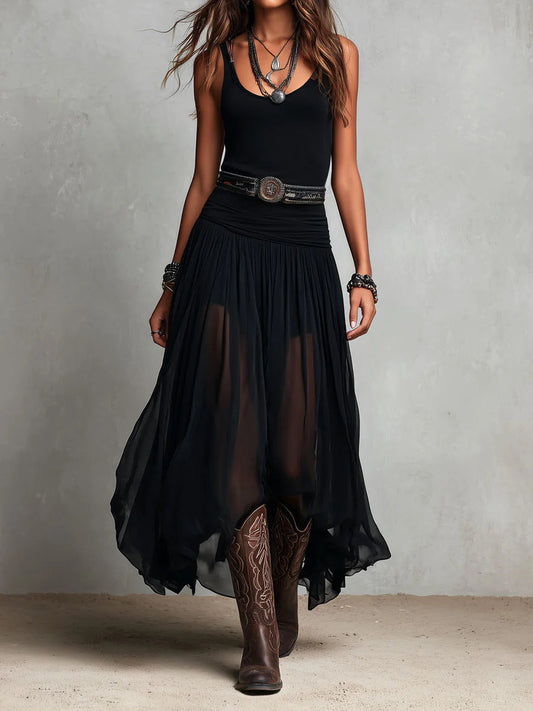 Thaïs | Robe maxi noire sans manches à jupe vaporeuse (avec ceinture)