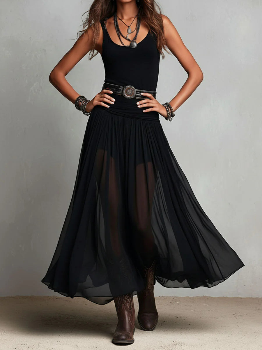 Thaïs | Robe maxi noire sans manches à jupe vaporeuse (avec ceinture)