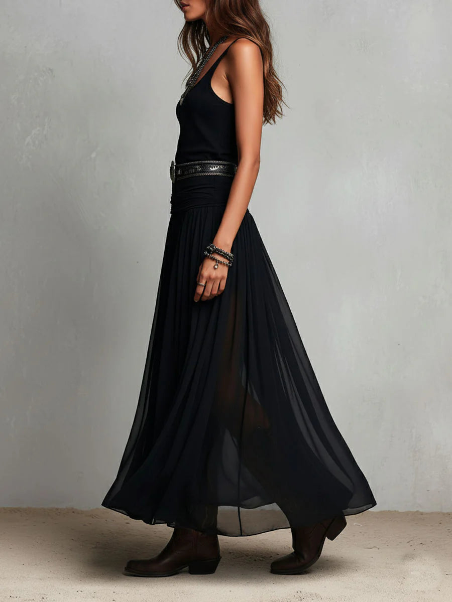 Thaïs | Robe maxi noire sans manches à jupe vaporeuse (avec ceinture)