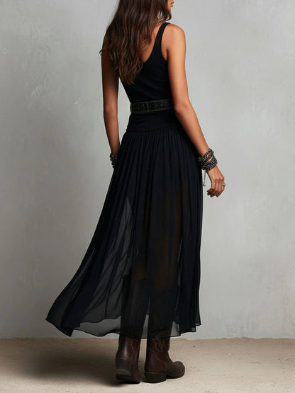Thaïs | Robe maxi noire sans manches à jupe vaporeuse (avec ceinture)