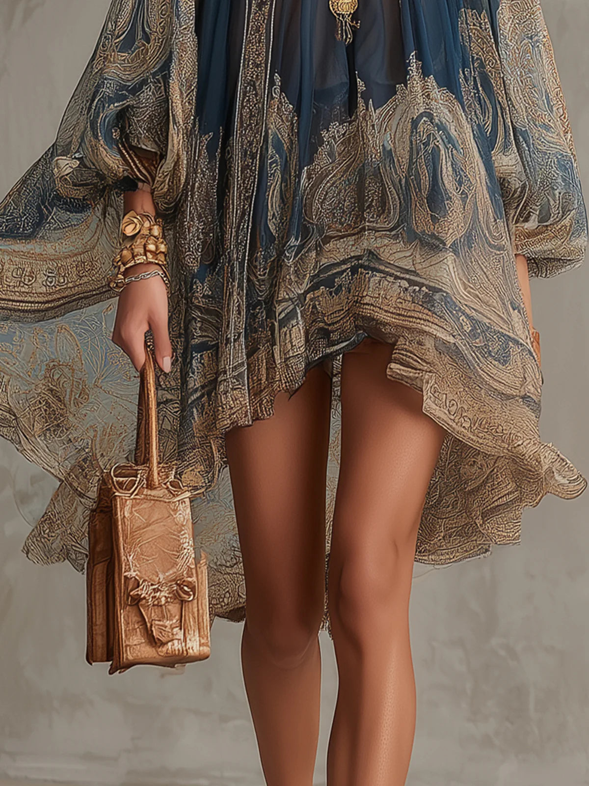 Agathe | Robe courte asymétrique bleu marine à col montant et imprimé baroque