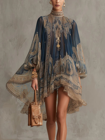 Agathe | Robe courte asymétrique bleu marine à col montant et imprimé baroque