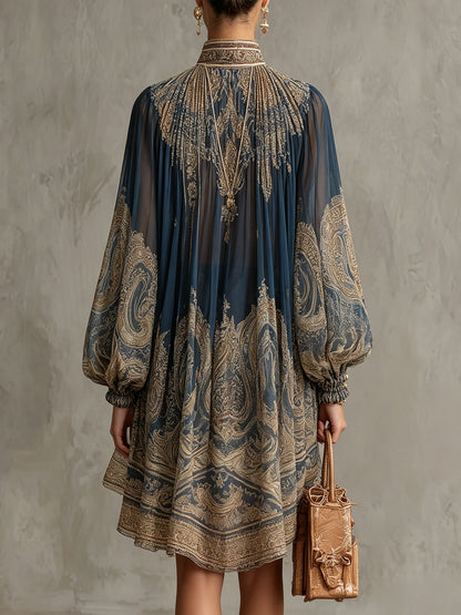 Bérénice | Robe Mini Asymétrique à Imprimé Baroque Bleu Marine et Col Montant