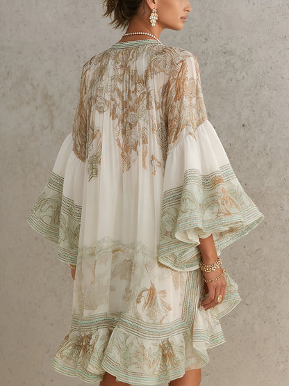 Rosalie | Robe Mini à Manches Volantées et Ourlet Rayé Vert