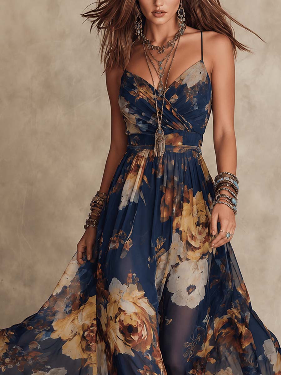 Adrienne | Robe Maxi Bleu Marine à Imprimé Floral et Fines Bretelles