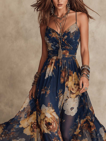 Adrienne | Robe Maxi Bleu Marine à Imprimé Floral et Fines Bretelles
