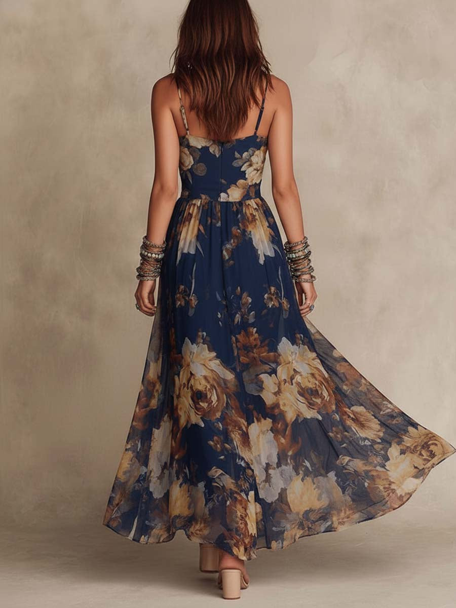 Adrienne | Robe Maxi Bleu Marine à Imprimé Floral et Fines Bretelles