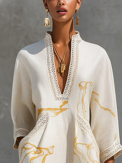 Aliénor | Robe Mini Ivoire à Motifs Dorés et Décolleté en V