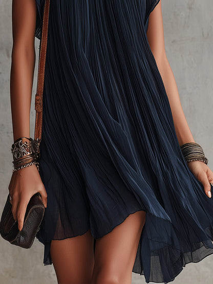 Apolline | Robe Mini Plissée Brodée de Fleurs Bleu Marine