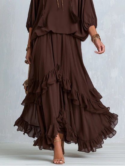Ondine | Ensemble Haut Marron à Franges et Jupe Volantée