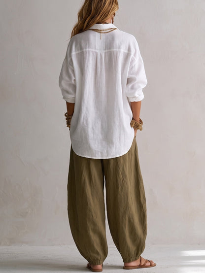 Zélie | Ensemble Chemise Blanche Ample et Pantalon Ballon Vert à Jambe Large