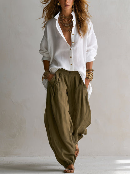 Zélie | Ensemble Chemise Blanche Ample et Pantalon Ballon Vert à Jambe Large