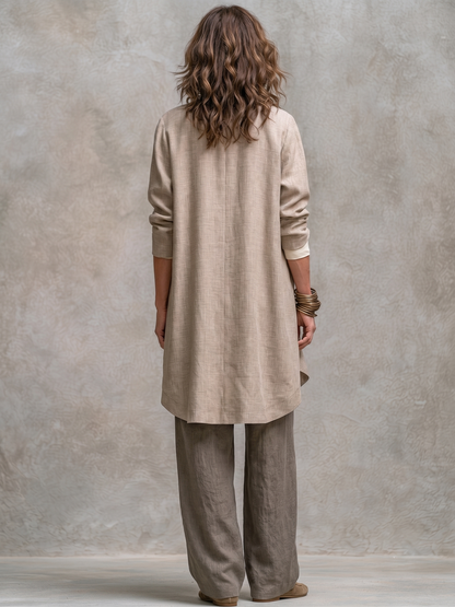 Constance | Ensemble Trois Pièces Beige et Gris, Casual à Superpositions, avec Pantalon Palazzo, Élégant