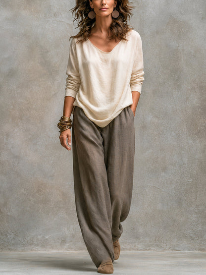 Constance | Ensemble Trois Pièces Beige et Gris, Casual à Superpositions, avec Pantalon Palazzo, Élégant
