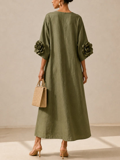 Aurélie | Robe Midi Vert Olive à Décolleté en V et Manches Florales Extravagantes