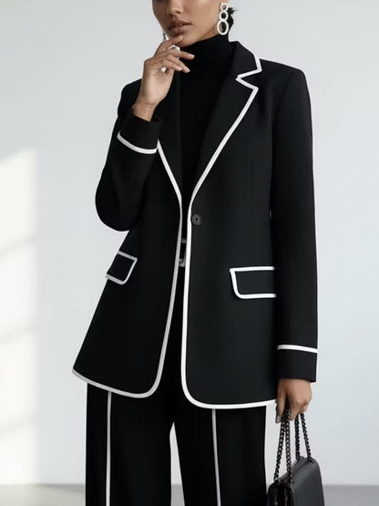 Claudine | Ensemble Deux Pièces Blazer avec Passepoil Contrastant Noir et Pantalon Large