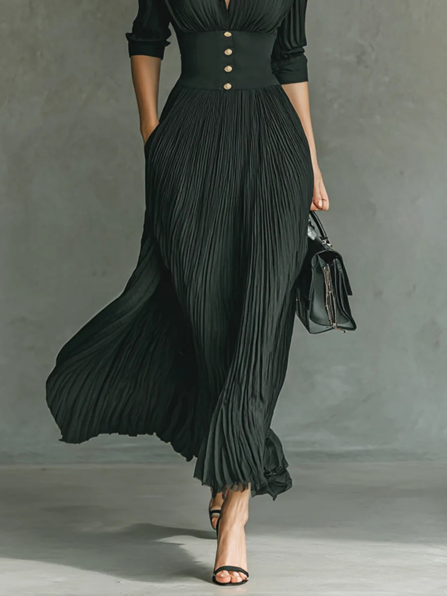 Elvina | Robe Longue Plissée à Revers et Taille Haute