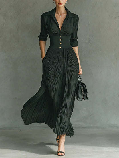 Elvina | Robe Longue Plissée à Revers et Taille Haute