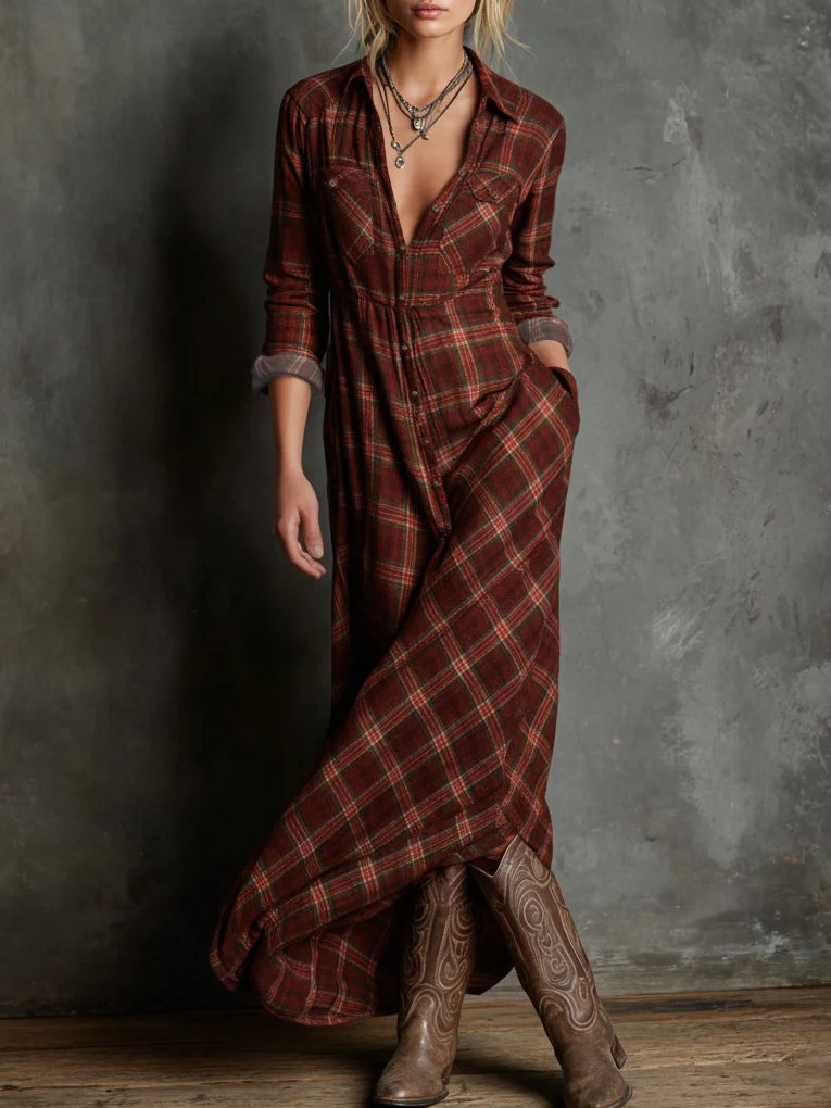 Léna | Robe Longue à Carreaux Écossais