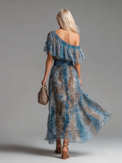 Sauvage | Robe longue à imprimé léopard et épaules dénudées