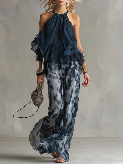 Ludivine | Ensemble Élégant avec Top Col Haut et Pantalon Large Imprimé