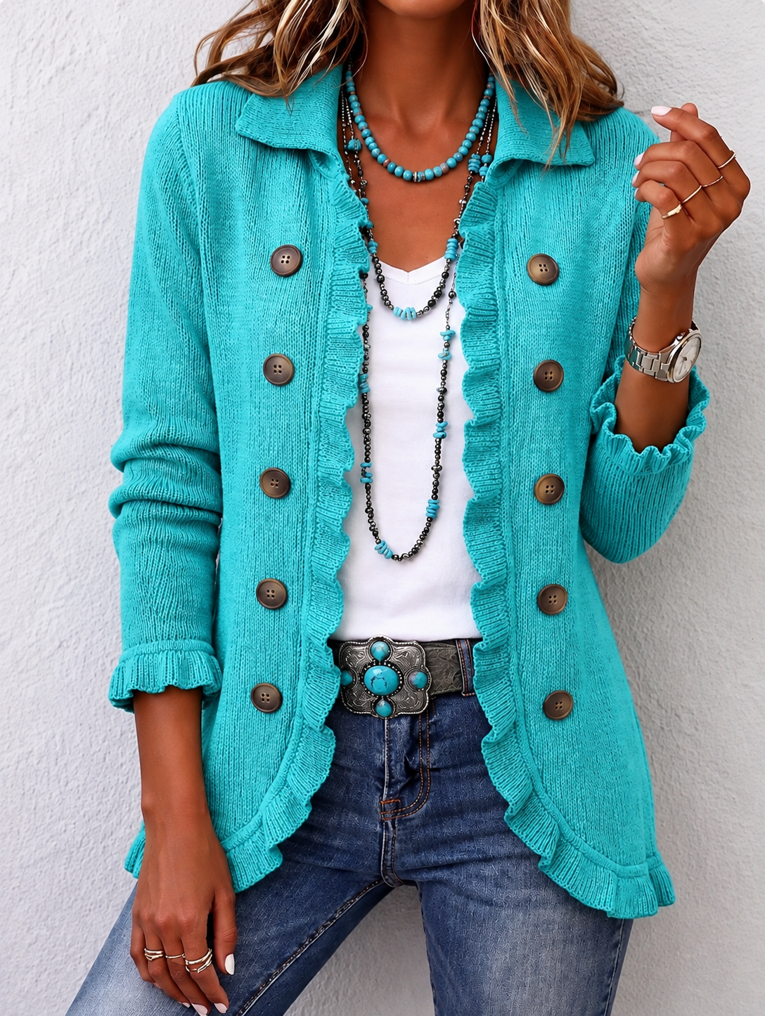 Sylvaine | Veste Côtelée Turquoise à Volants