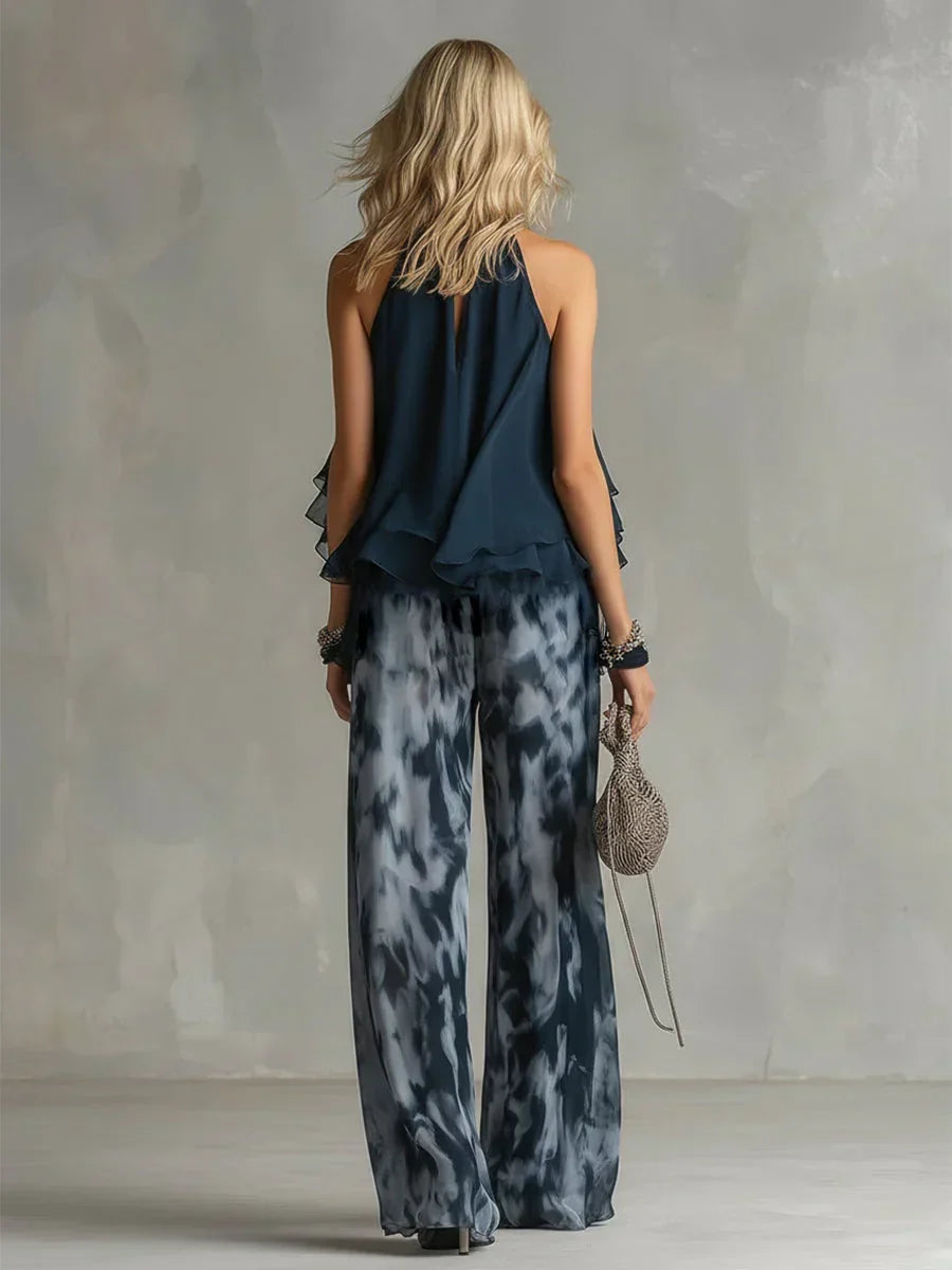 Ludivine | Ensemble Élégant avec Top Col Haut et Pantalon Large Imprimé