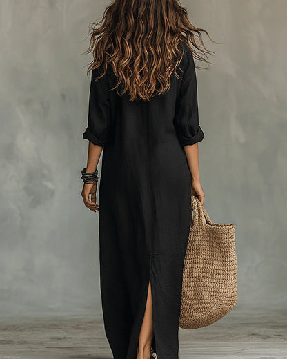 Soline | Robe Longue Noire Souple à Boutons