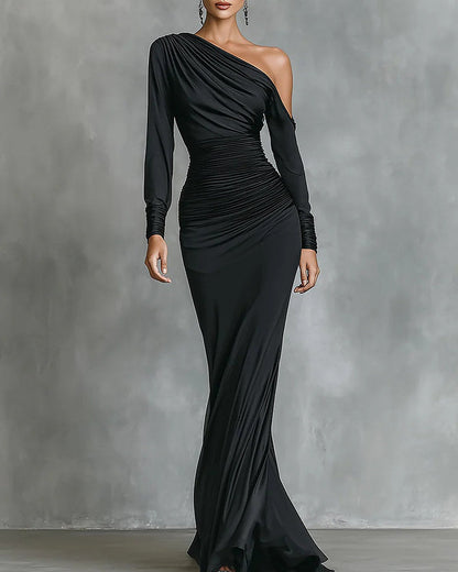 Célina | Robe Longue Une Épaule Noire