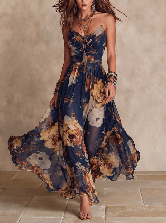 Adrienne | Robe Maxi Bleu Marine à Imprimé Floral et Fines Bretelles