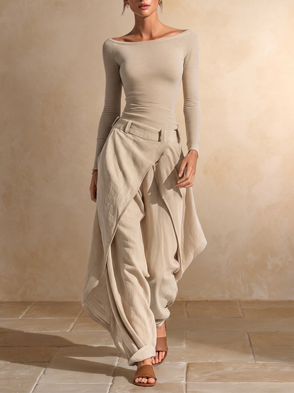 Juliette | Haut Beige Col Bateau et Ensemble Pantalon Large à Superpositions