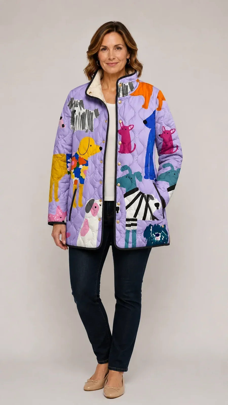 Léa | Veste Matelassée Décontractée à Imprimé Chien